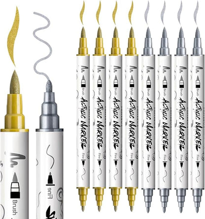 TRANSON 4 Gold and 4 Silver Paint Markers Brush and Fine Dual-tip Acrylic Paint Marker Set for Rock Painting Glass Canvas Wood Leather Ceramic Painting