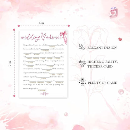 Wedding Shower Games Cards, Wedding Advice Word Game, Bridal Shower Games 25 Guests, Engagement Party Wedding Games for Guests, Pink Ribbon Bow Wedding Party Supplies - E06