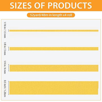 QDiShi 4 Rolls Fine Line Tape(Yellow), Fineline Masking Tape in 1/16, 1/8, 1/4 and 1/2 Inch Wide x 52 Yard Long, Automotive Masking Tape for DIY Car Auto Paint Art