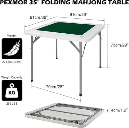 PEXMOR 35" Foldable Mahjong Table, 4 Player Card Game Table w/Cup Holders & Chip Grooves, Portable Folding Poker Domino Board Game Table for Blackjack, Texas Hold'em, Jigsaw Puzzles Game