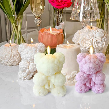 Bowtie Rose Bear Candle Mold - 3D Teddy Bear Candle Making Molds, Cute Epoxy Resin Molds for DIY Handmade Soaps,Valentine Gifts,Mother's Day Gifts,Birthday Gifts & Home Decorations(Bow Tie Bear Large)
