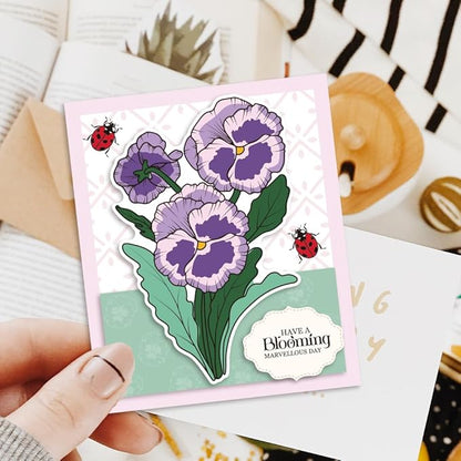 ORIGACH Realistic Pansy Stamps and Dies and Layering Coloring Stencil Set, Silicone Stamps Metal Die Cut and Flower Stencil Template for Card Making Scrapbooking DIY Crafting