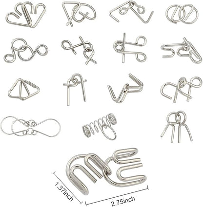 IQ Toys-AB A+B Test Mind Game Brain Teaser Wire Magic Trick Toy IQ Puzzle Set (Pack of 16), Metallic