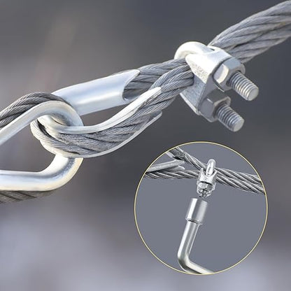 Galvanized Steel Wire Rope Cable, 3/16” Galvanized Steel Cable with Rope Clamp and Thimble, 7X7 Strand Core Aircraft Cable Used for Anchored Shed, Fencing, Sunshade, Clothesline (50ft)