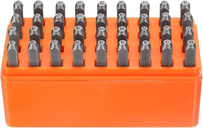 HARFINGTON 36pcs Metal Stamping Kit 1/16" (1.5mm) Steel Uppercase Letter and Number Punch Set (A-Z / 0-8 / "&" Symbol) Punch Press Tool with Case for Imprinting Metal Plastic Wood Leather
