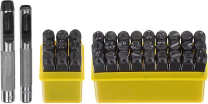 HARFINGTON 36pcs Metal Stamping Kit 5/16" (8mm) (A-Z, 0-8, "&" Symbol) Steel Letter Punch Press Tool with Hole Punch to Stamp on Metal, Plastic, Wood, Leather, Black