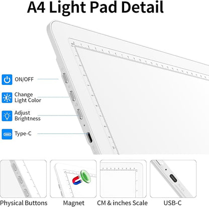 TOHETO Rechargeable A4 Light Board with Stand, Super Bright Magnetic Light Pad with Side Buttons, Wireless Light Box for Tracing and Drawing, Cordless LED Light Table for Diamond Painting White