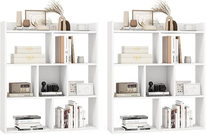 Giantex 7 Cube Bookshelf of 2, Free-Standing Wooden Bookcase, 4 Tier Home Display Shelf, Horizontal Storage Unit w/Anti-Toppling Devices, Open-Back Display Rack for Study, Living Room, White