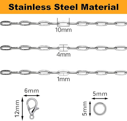 Jishi 16ft Paperclip Chain 4mm Silver Stainless Steel Paper Clip Link Chain Roll for Necklaces Jewelry Making Bracelet Craft Supplies DIY Earring Findings - Metal Jewelry Making Chain Links Bulk