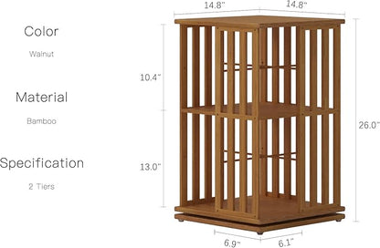 YOWOS Rotating Bookshelf Tower, 360° Spinning Bookcase Bamboo Floor Standing Storage Rack, Narrow Book Shelf Organizer for Kids & Adults, Small Space Bookshelf (Walnut, 2 Tier)