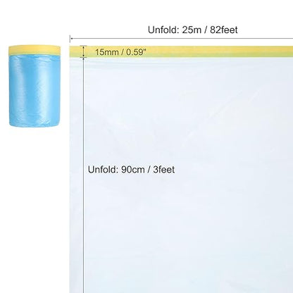 uxcell Pre-Taped Masking Film, 3ft x 82ft Plastic Paint Drop Cloth with Medium-Tack Painters Tape for Painting Spraying Protection Blue Film 3Pcs