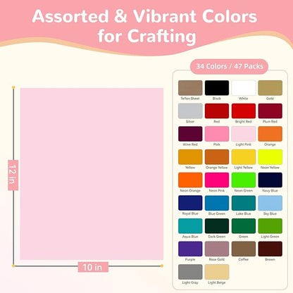 HTVRONT HTV Heat Transfer Vinyl Bundle: 47 Pack 12" x 10" Iron on Vinyl for T-Shirt, 33 Assorted Colors with HTV Accessories Tweezers, Silhouette Cameo or Heat Press Machine