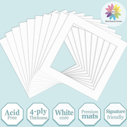 MBC Mat Board Center, 10 Pack 10x10 for 8x8 White Picture Mats Frame Mattes, Bevel Cut, Acid Free, 4-ply Thickness