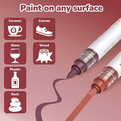 Guangna 12 Red Brown Dual Tip Acrylic Paint Markers, Brush Tip & Chisel Tip Acrylic Paint Pens for Rock, Wood, Glass, Paper, Coloring Book, Ceramic, Canvas, Water-Based Ink