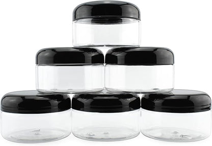 Cornucopia Brands 8oz Clear Plastic Jars w/Black Plastic Lids (6-Pack); BPA Free PET Stackable Containers for Bathroom & Kitchen Storage & Cosmetics