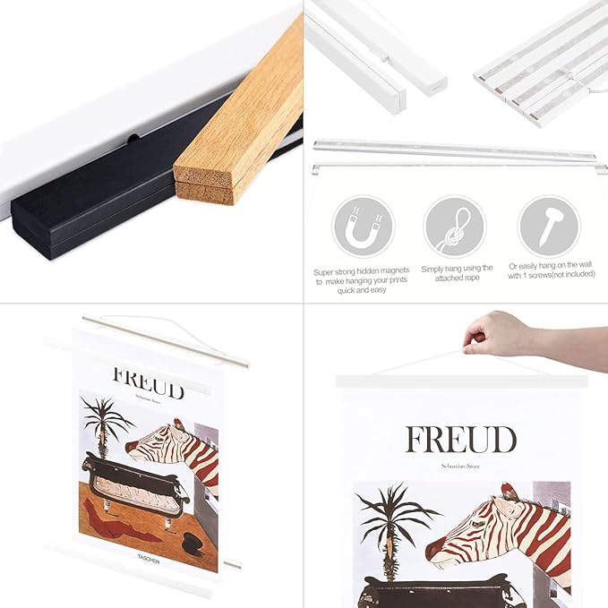 Ywlake Magnetic Poster Hanger, 23x34 23x33 23x35 Poster Frame Wood Wooden Magnet Print Posters Dowel Scroll Hanger Hangers Hanging Kit for Walls Map Canvas Artwork (White, 23")