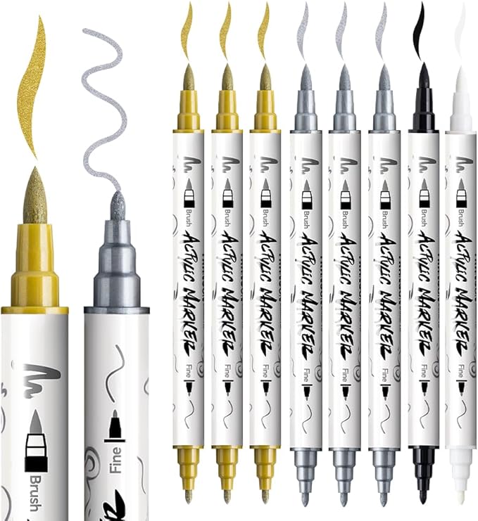 TRANSON 3 Gold, 3 Silver, 1 Black and 1 White Paint Markers Brush and Fine Dual-tip Acrylic Paint Marker Set for Rock Painting Glass Canvas Wood Leather Ceramic Painting