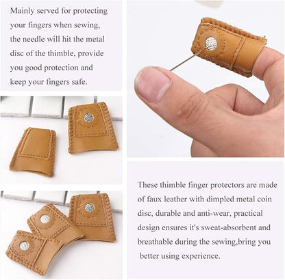 8 Pcs Thimble + 30 Pcs Sewing Needles, Finger Protector Fingertip Adjustable Metal Bronze Rings and Leather Coin Thimble for Needlework, Hand Embroidery Craft