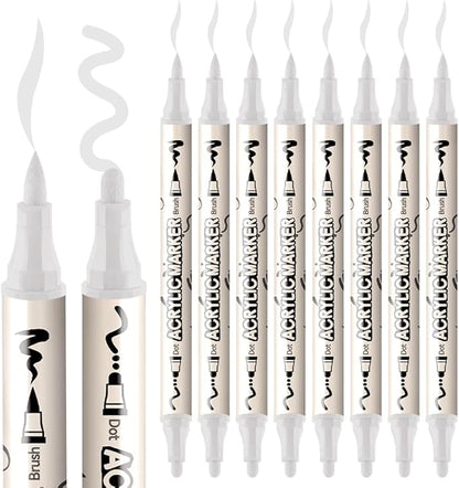 TRANSON 8 Pack White Brush and Bold Dual-tip Acrylic Paint Marker for DIY Glass Canvas Wood Leather Ceramic Rock Painting