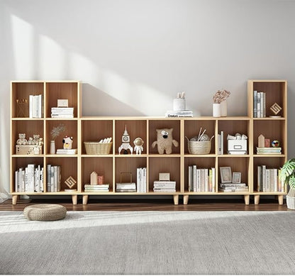 IOTXY Open Cube Low Bookcase - 3-Tier Freestanding Storage Display Cabinet Organizer with Legs for Home Office, 7-Cubes Open Shelf Short Bookshelf, Oak