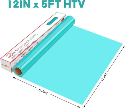 HTVRONT HTV Vinyl Rolls - 12" x 5ft Turquoise Heat Transfer Vinyl for Shirts & All Cutter Machines - Easy to Cut & Weed