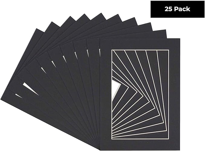 6x8 Mat for 8x10 Frame - Precut Mat Board Acid-Free Show Kit with Backing Board, and Clear Bags Black 6x8 Photo Matte Made to Fit a 8x10 Picture Frame Matboard for Framing, Pack of 25 Mats