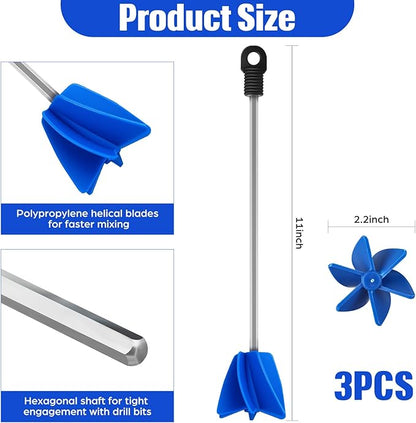 Loosh 3 Pcs 11 Inch Paint Stirrer for Drill, Paint Mixer Attachment, Helix Epoxy Mixer for Concrete Resin Silicone Stirrer Paddle Works with Most Drills (Blue)