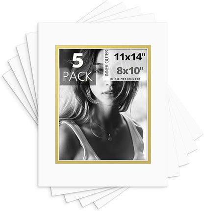Mat Board Center, Double Mat - Acid Free, 8-ply Thickness, White Core - for Pictures, Photos, Framing (Off White Over Gold, 11x14 for 8x10, Pack of 5)