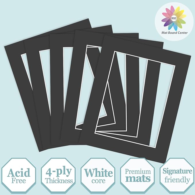 MBC Mat Board Center, 5 Pack 8x10 for 6x8 Black Picture Mats Frame Mattes, Bevel Cut, Acid Free, 4-ply Thickness