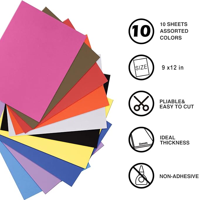 MEARCOOH Foam Sheets Crafts 9x12 Inch 10 Colors 2mm Eva Color Craft Foam Paper for Crafts Project Preschoolers Classroom Scrapbooking DIY Cosplay(10 Sheets)