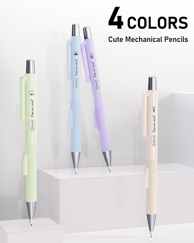 Four Candies Cute Mechanical Pencil Set with Case, 4PCS 0.5mm Pastel Fast Click Aesthetic Mechanical Pencils with 480PCS HB Lead Refills, 2 Erasers, 12 Eraser Refills School Supplies for Girls Writing