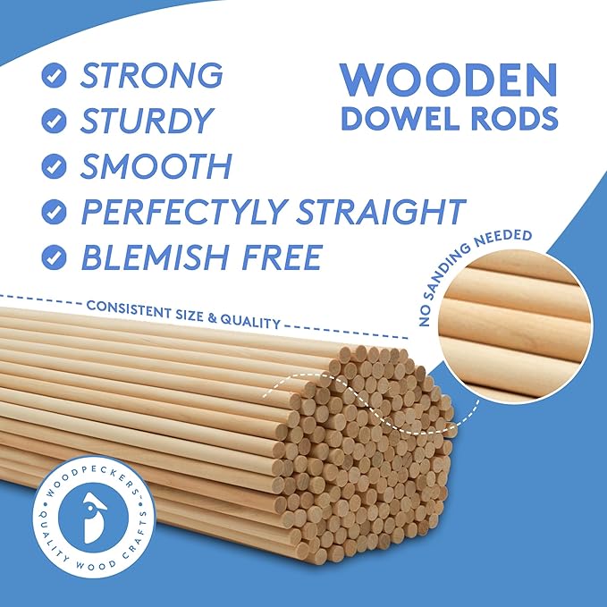 Dowel Rods Wood Sticks Wooden Dowel Rods 1/8 x 24 Inch Unfinished Hardwood Sticks for Crafts and DIYers 100 Pieces by Woodpeckers