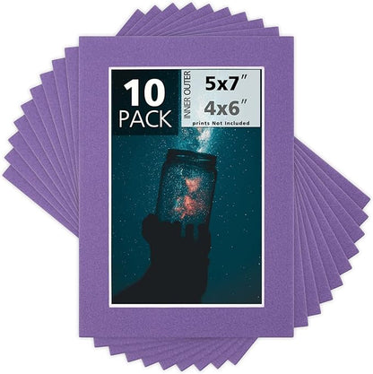 Mat Board Center, Pack of 10, 5x7 for 4x6 Color Mats - Bevel Cut, Acid Free, 4-ply Thickness, White Core - for Pictures, Photos, Framing, African Violet Color