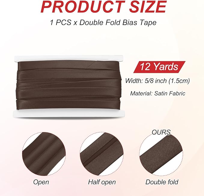 MECCANIXITY Double Fold Bias Tape for Sewing 5/8 Inch x 12 Yards Satin Pre-fold Continuous Binding Tape for Seaming Quilting Hemming Binding DIY Crafts, Dark Brown