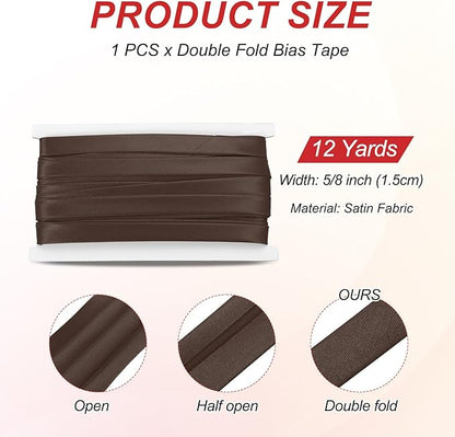 MECCANIXITY Double Fold Bias Tape for Sewing 5/8 Inch x 12 Yards Satin Pre-fold Continuous Binding Tape for Seaming Quilting Hemming Binding DIY Crafts, Dark Brown