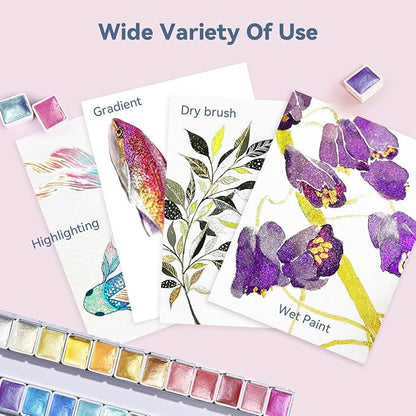 Paul Rubens Artist Watercolor Paints-Metallic Glitter Solid Colors-Pink Portable Metal Case with Palette-24 Color Set Sparkle Watercolor