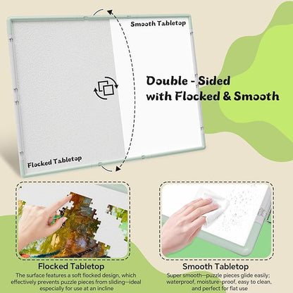 1500 Pieces Puzzle Board 3-in-1 Double-Sided & Rotating & Tilting, Plastic Puzzle Table with Sorting Boxes and PVC Cover, Portable Lazy Susan Jigsaw Puzzle Board for Adults, Gray Green