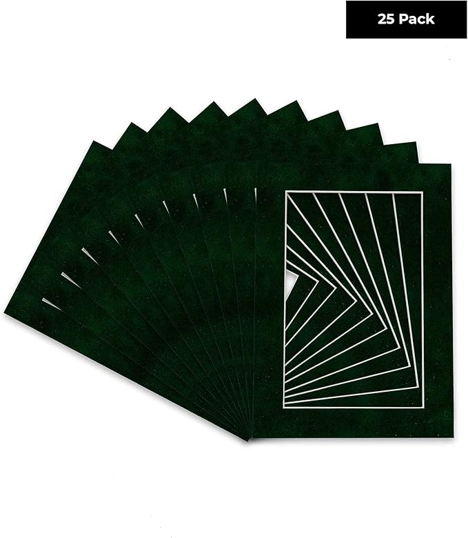 Pack of 25 Acid Free 8x10 Mats Bevel Cut for 6x8 Photos - Green Suede Precut Matboards With Backing Boards and Clear Photo Mat Bags For Pictures, Photos, Framing - 4-ply Thickness