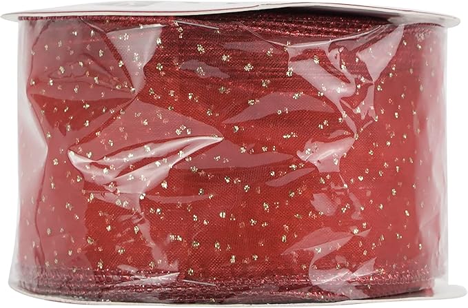 MEEDEE Red Gold Wired Ribbon - 2.5 Inch Sheer Ribbon with Gold Glitter Polka Dots for Christmas Tree, Wreath and Bow Making