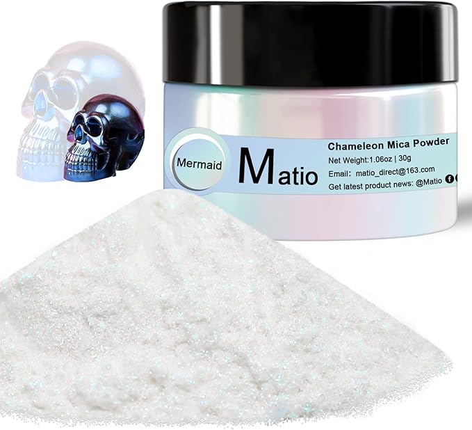 Matio Chameleon Mica Powder, 1.06oz/ 30g Mermaid White Chrome Powder, Pearlescent Effect Color Shift Pigment for Resin Craft, Soap Candle Dye, Nail Art, Makeup, Bath Bomb, Paint, Slime Pigment