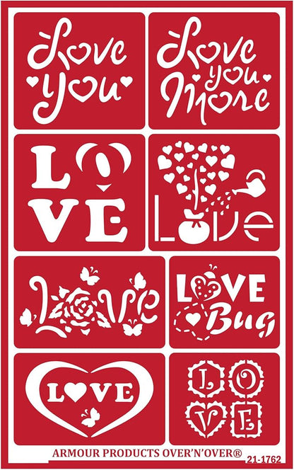 Over'N'Over Reusable Glass Etching Stencils – Durable Self-Stick Designs for Glass, Mirrors, and Ceramics with Armour Etch Cream – 5” x 8” Stencil Sheet - Love U More