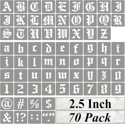 2.5 Inch Alphabet Letter Stencils for Painting - 70 Pack Old English Letter Stencil Templates with Numbers and Signs for Painting on Wood, Reusable Letter Stencils for Chalkboard Wood Signs & Wall Art