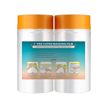 LLPT Tape and Drape 35.4”(Unfolded) x 66 Ft Each 2 Pack Pre-Taped Masking Film 0.27 Mil Painters Plastic Drop Cloth for Auto Wall Furniture Painting Protection (MFT902)