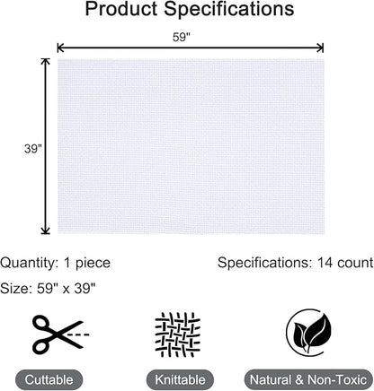 HexaHive Aida Cloth 14 Count Cross Stitch Fabric - 59 by 39 Inch Large Size Water Soluble Cross Stitch Canvas for Home DIY Embroidery Decoration Supplies (14CT, White)