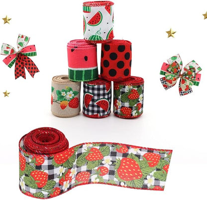 2.5" Watermelon and Strawberry Ribbon,Summer Craft Wire Edged Ribbon,Checks,Polka Dots,Watermelon Slices,Strawberries and Flowers Faux Linen Ribbons for Floral Arrangements, Packages and Home Decor.