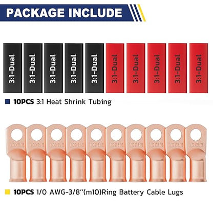 haisstronica 10pcs 1/0 AWG - 3/8"(M10) Battery Cable Lugs, Heavy Duty Copper Wire Lugs with 10pcs 3:1 Adhesive Heat Shrink Tubing,0 Gauge Wire Connectors Battery Terminal Connector,Battery Cable Ends