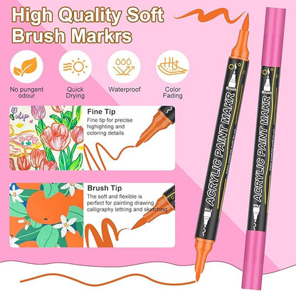 72 Colors Dual Tip Acrylic Paint Markers，Waterproof, Non-Toxic, Odorless Acrylic Markers Pens，Paint Pens & Paint Markers for Rock, Wood, Glass, Stone, Canvas, Ceramic, Fabric and Paper Painting