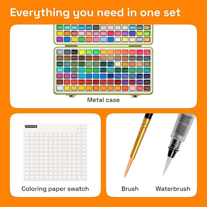 ARTISTRO Watercolor Paint Set 160 Colors - Vivid, Metallic & Neon, Portable Travel Set for Kids & Adults