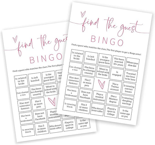 Bridal Shower Bingo, 25Pcs Prefilled Find The Guest Bingo Game Cards, Engagement Party Games for Guests, Pink Wedding Party Supplies - E17