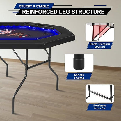 LED Poker Table Foldable, Octagon Casino Leisure Gamimg Table for 8 Player, Folding Texas Holdem Blackjack Table w/Built-in LED Light, Padded Rails & Cup Holders for Home Game Room